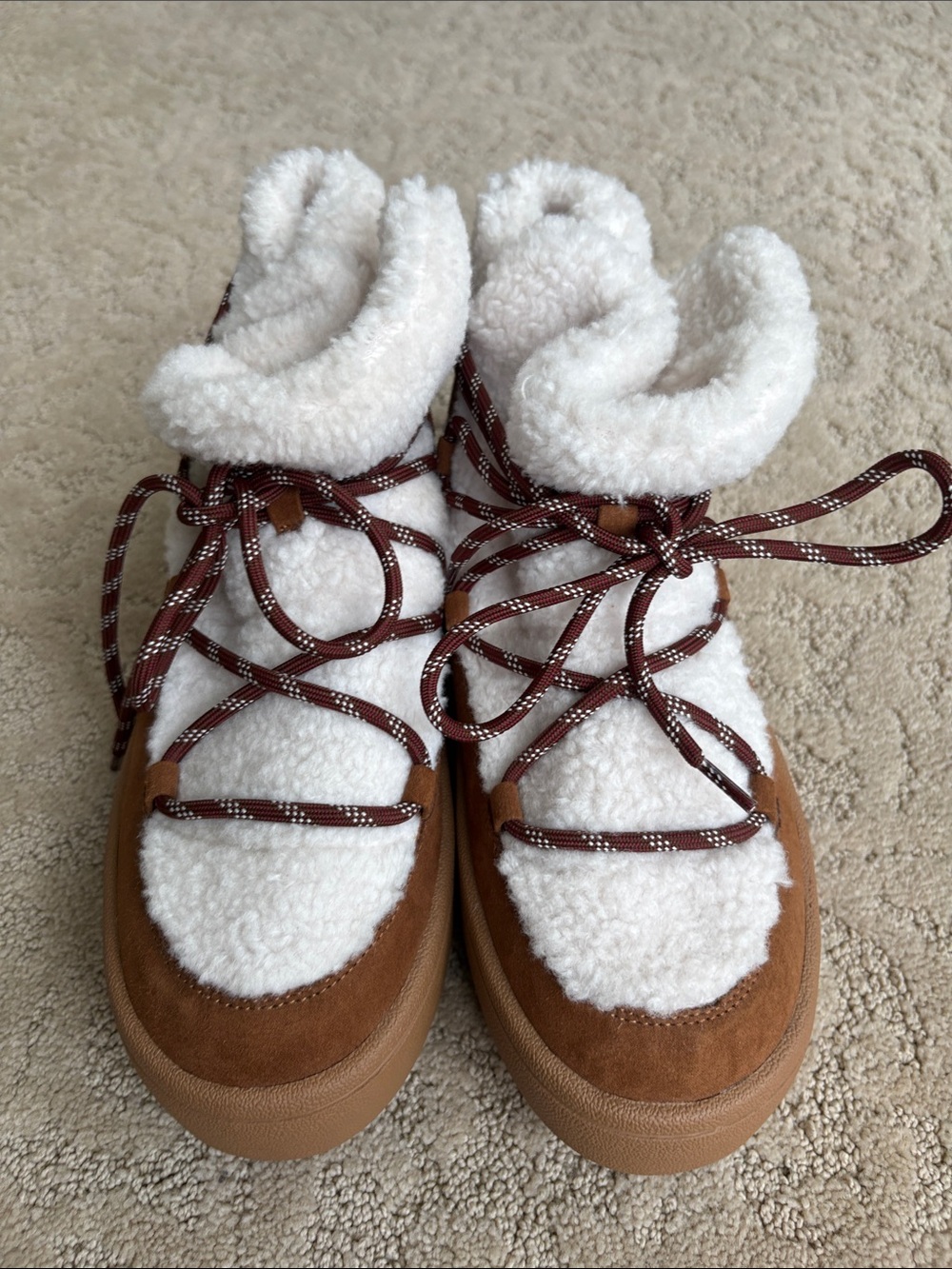 Old Navy Cream and Brown Sherpa Lace-Up Ankle Booties